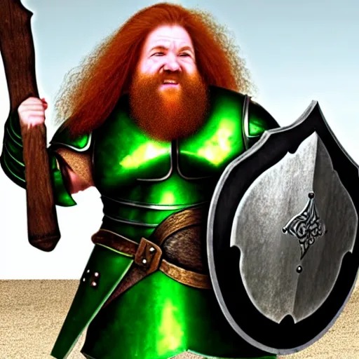 Prompt: dwarven woman, ginger hair, green eyes, holding hammer and shield with plate armour