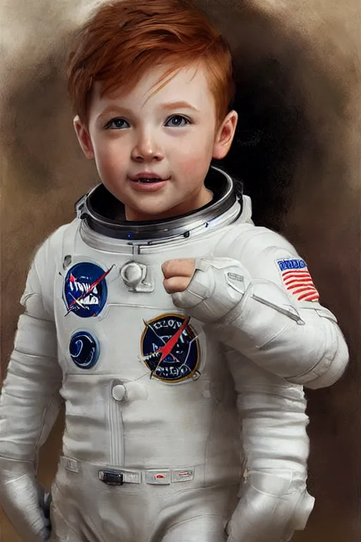 Image similar to a little boy with a cherubic michievous face and ginger hair. he is an astronaut, wearing a space suit. clean elegant painting, beautiful detailed face. by raymond swanland and artgerm and greg rutkowski