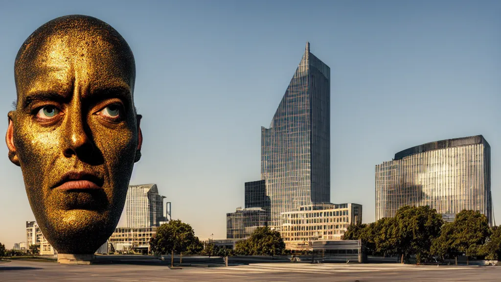 Prompt: the strange giant head at the office building, made of oil and water, film still from the movie directed by Denis Villeneuve with art direction by Salvador Dalí, golden hour