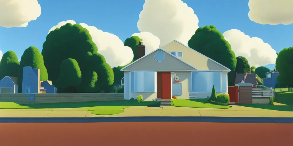 Image similar to the simpsons house clouds, blue sky, summer evening, kenton nelson