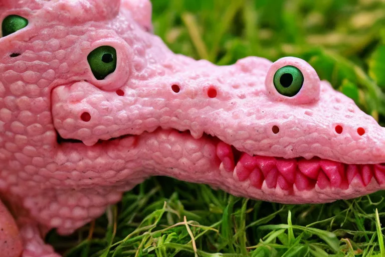 Prompt: the cutest baby alligator sitting in strawberries golden hour trending on Flickr pink and green cinematic high details claymation film still