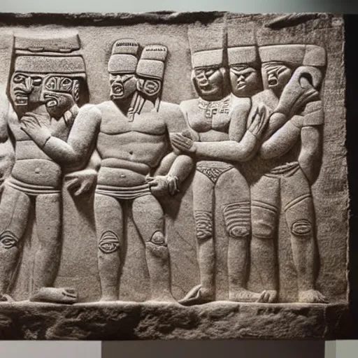 Prompt: Mayan bas relief depicting a funny scene from Seinfeld