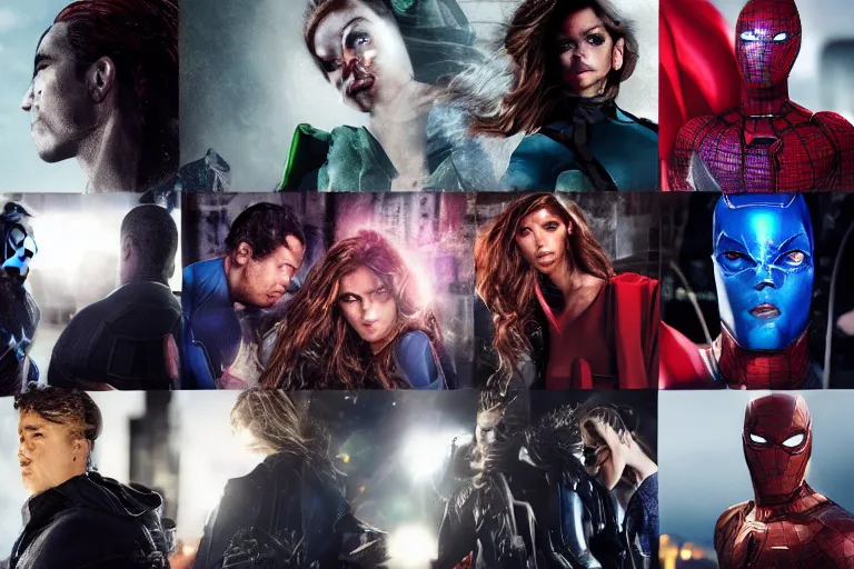 Image similar to movie powerful hero team closeup, DC Marvel fashion, VFX powers at night in the city, city street, beautiful skin, natural lighting by Emmanuel Lubezki