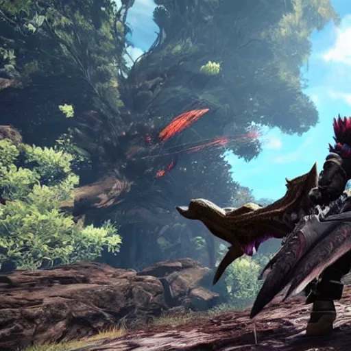 Image similar to monster hunter world gameplay in the style of shindol