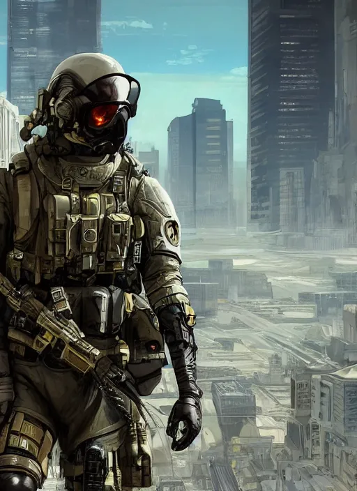 Image similar to Ezra. USN special forces futuristic recon operator, cyberpunk military hazmat exo-suit, on patrol in the Australian autonomous zone, deserted city skyline. 2087. Concept art by James Gurney and Alphonso Mucha. (mgs, rb6s)