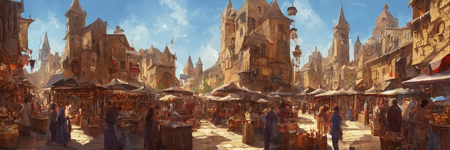 Image similar to a busy medieval Mediterranean street market in the style of Sylvain Sarrailh, beautiful digital art, cinematic composition, detailed, concept art, Matt painting, oil painting, high res