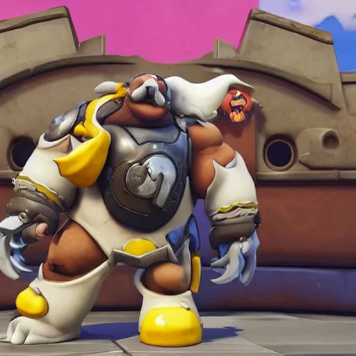 Image similar to Roadhog from Activision Blizzard’s Overwatch video game eats at McDonald’s with Obama