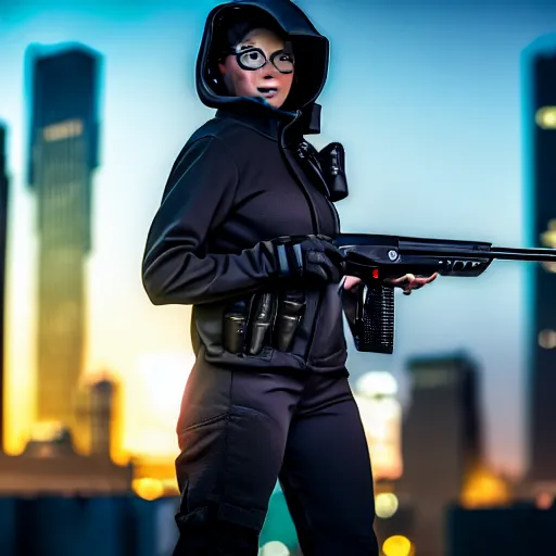 Image similar to photographic portrait of a techwear woman holding a shotgun, closeup, on the rooftop of a futuristic city at night, sigma 85mm f/1.4, 4k, depth of field, high resolution, 4k, 8k, hd, full color, Die Hard, movies with guns, movie firearms