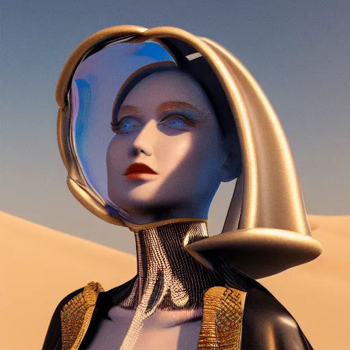 Image similar to avant-garde art, deco fashion, highly detailed, photorealistic portrait, serene desert setting, golden hour, crisp quality and light reflections, unreal engine 5 quality render