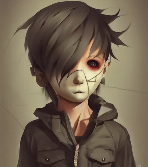 Image similar to beautiful little boy anime character inspired by jason voorhees, art by rossdraws, wlop, ilya kuvshinov, artgem lau, sakimichan and makoto shinkai, concept art, anatomically correct, extremely coherent, realistic, mask, smooth hd