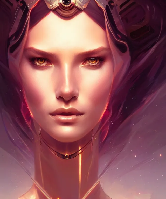 Image similar to futuristic woman portrait, sci-fi, amber eyes, face, long hair, fantasy, intricate, elegant, highly detailed, digital painting, artstation, concept art, smooth, sharp focus, illustration, art by artgerm and greg rutkowski and alphonse mucha