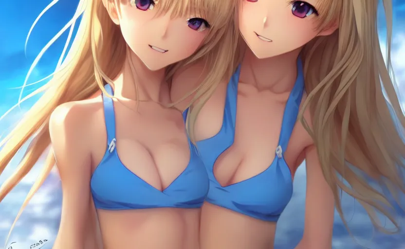 Image similar to a very beautiful young anime tennis girl, full body, long wavy blond hair, sky blue eyes, ( ( ( full round face ) ) ), short smile, bikini, miniskirt, front view, mid - shot, highly detailed, cinematic wallpaper by stanley artgerm lau