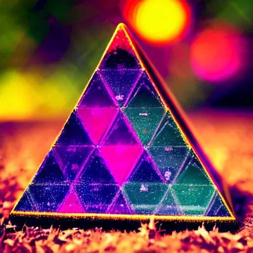 Image similar to colorful velvet Wizard triangle tree pyramid crystal, in a forest in twilight, 70s, polaroid, DOF, grain, kaleidoscope