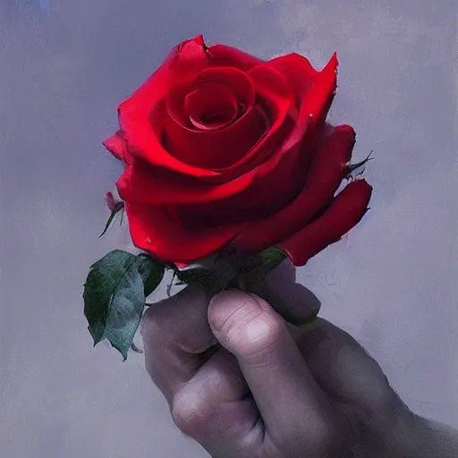 Image similar to hyperrealistic hand holding a red rose by ruan jia and greg rutkowski