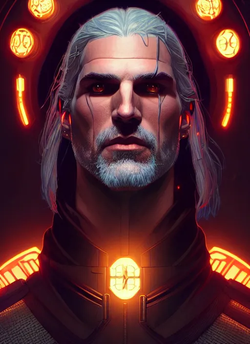 Image similar to symmetry portrait of geralt of rivia, sci - fi, tech wear, glowing lights intricate, elegant, highly detailed, digital painting, artstation, concept art, smooth, sharp focus, illustration, art by artgerm and greg rutkowski and alphonse mucha