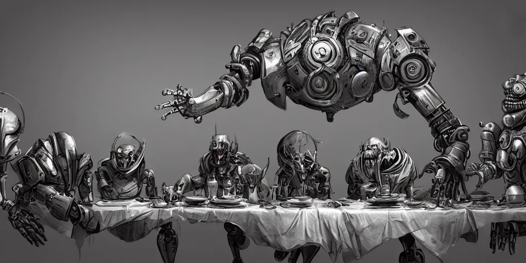 Image similar to last supper realistic robot , A Monster Emerges - inspired by 'The Beholder' Concept by Marcus Whinney trending on artstation