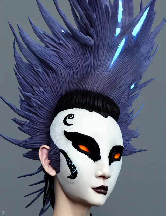 Image similar to 3 d goddess close - up profile simple portrait punk with mohawk with ram skull. beautiful intricately detailed japanese crow kitsune mask and clasical japanese kimono. betta fish, jellyfish phoenix, bio luminescent, plasma, ice, water, wind, creature, artwork by tooth wu and wlop and beeple and greg rutkowski