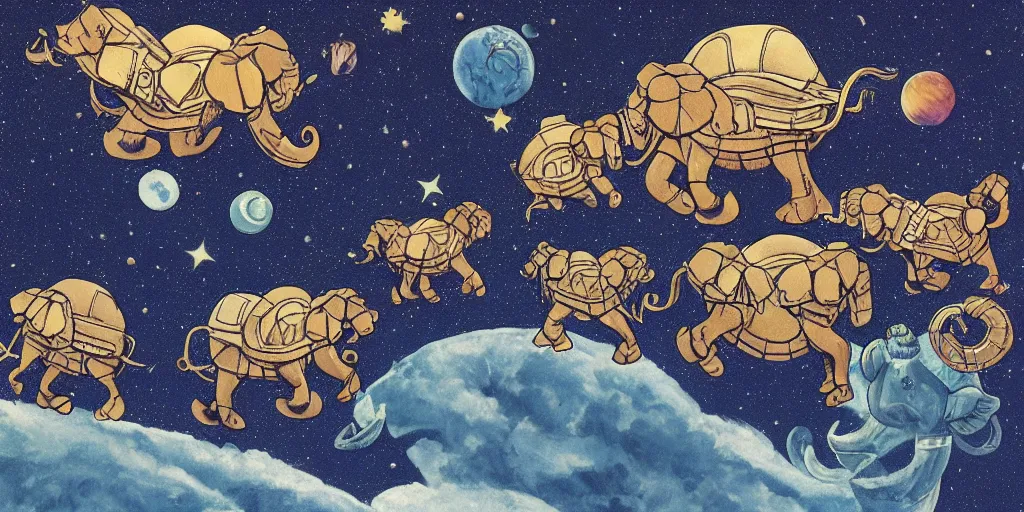 Prompt: the great a'tuin flying through space carrying discworld atop four elephants by kirby