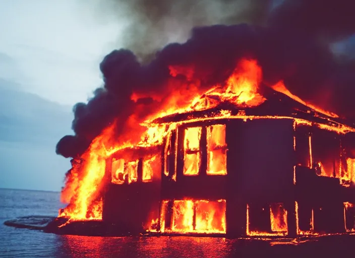 Prompt: dslr photo still of a house on fire at the bottom of the ocean, 8 5 mm f 1. 8