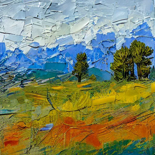 Image similar to oil paint impasto relief, beautiful bright sunny spring day, blue mountain the distance, multi layered thick brush marks, some splattered paint, in the style of ivan shishkin and frank auerbach and van gogh