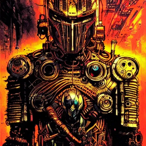 Image similar to cyberpunk knight, atmospheric lighting, painted, intricate, golden hour, ultra detailed by philippe druillet