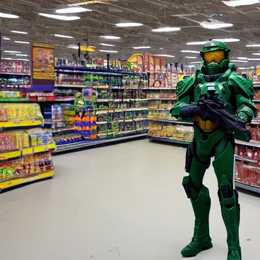 Image similar to master chief standing in a walmart