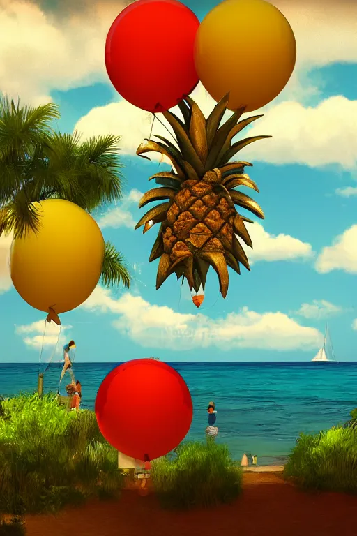 Image similar to pineapple sea with balloons above, realism, smooth, trending on artstation, high quality, beautiful
