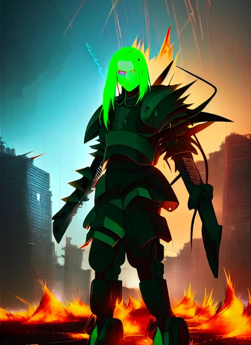 Image similar to a striking cinematic anime full body portrait of a male warrior with long blonde hair and blue eyes wearing evil green spiked cyberpunk armour and standing in the desolate burning ruins of a futuristic city by hirohiko araki and beeple, fine details, digital art, character concept art, volumetric lighting, cinematic light