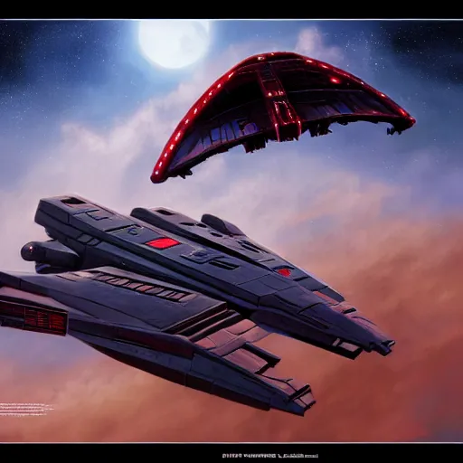 Image similar to darth vader's starship, concept art by doug chiang, cinematic, realistic painting, high definition, concept art, path tracing, high quality, highly detailed, 8 k, red colors, hyperrealistic, concept art