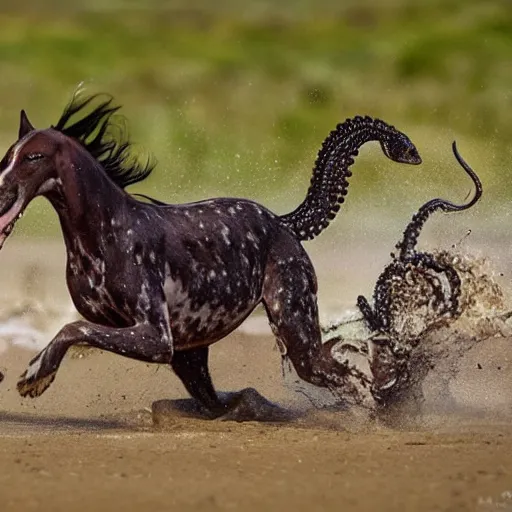 Image similar to National Geographic photo of horse full of octopus being eaten by African hunting dogs