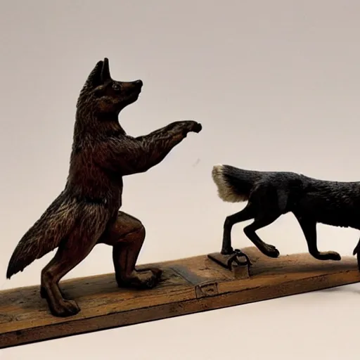 Image similar to 19th century automata depicting a wolf chasing a fox