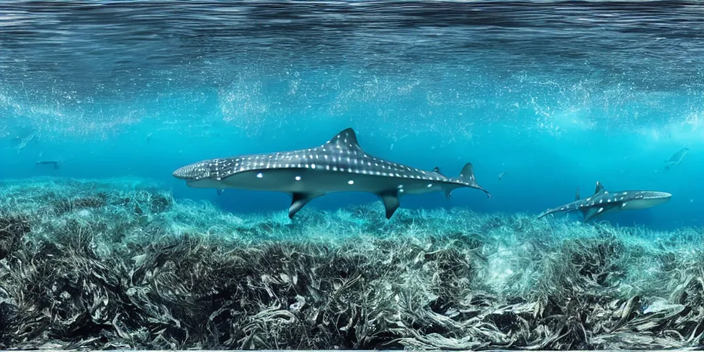 Prompt: hyperrealistic underwater photography, panoramic picture of an ocean floor with in the distance are some whale sharks. focus on the sharks. the sharks are anatomically correct and highly detailed. lots of bubbles. seaweed and some rocks. gloomy scattered light entering from the water surface, trending on artstation, hq, 4 k