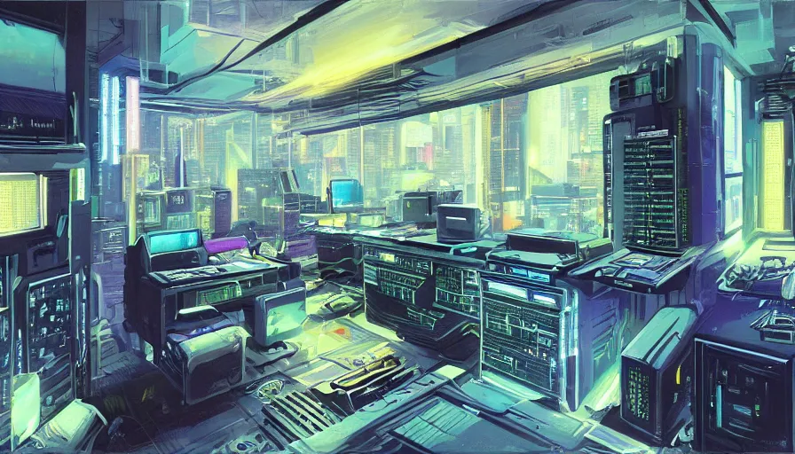 Image similar to A highly detailed rendering of a Cyberpunk hackers bedroom which has sophisticated hi-tech computers surrounded by messy cables, soft neon lighting, reflective surfaces, sci-fi concept art, by Syd Mead, highly detailed, oil on canvas