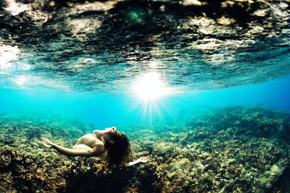 Prompt: wide angle view, underwater looking up, woman model in massive rock trench , swimming toward the sun rays and caustics, film , cinematic, underwater photography