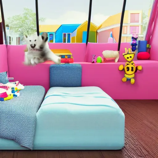 Image similar to eye - level view, in a child's bedroom filled with toys there is a bed under a window. a colorful comforter is on the bed. a super cute gsd puppy runs and jumps and plays on the bed. hilarious, funny, back to school comedy, cg animation, 3 d octane render, imax 7 0 mm,