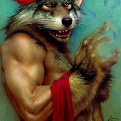 Prompt: a male ratwolfman rat wolf man in a red kimono furry arms furry body. furaffinity furry art detailed face painting by gaston bussiere craig mullins jc leyendecker gustav klimt artgerm greg rutkowski furry