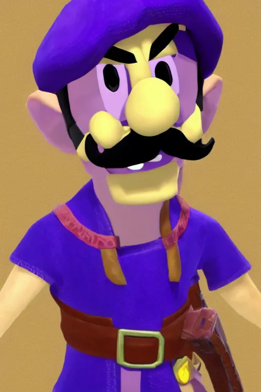 Image similar to an in game portrait of waluigi from the legend of zelda breath of the wild, breath of the wild art style.