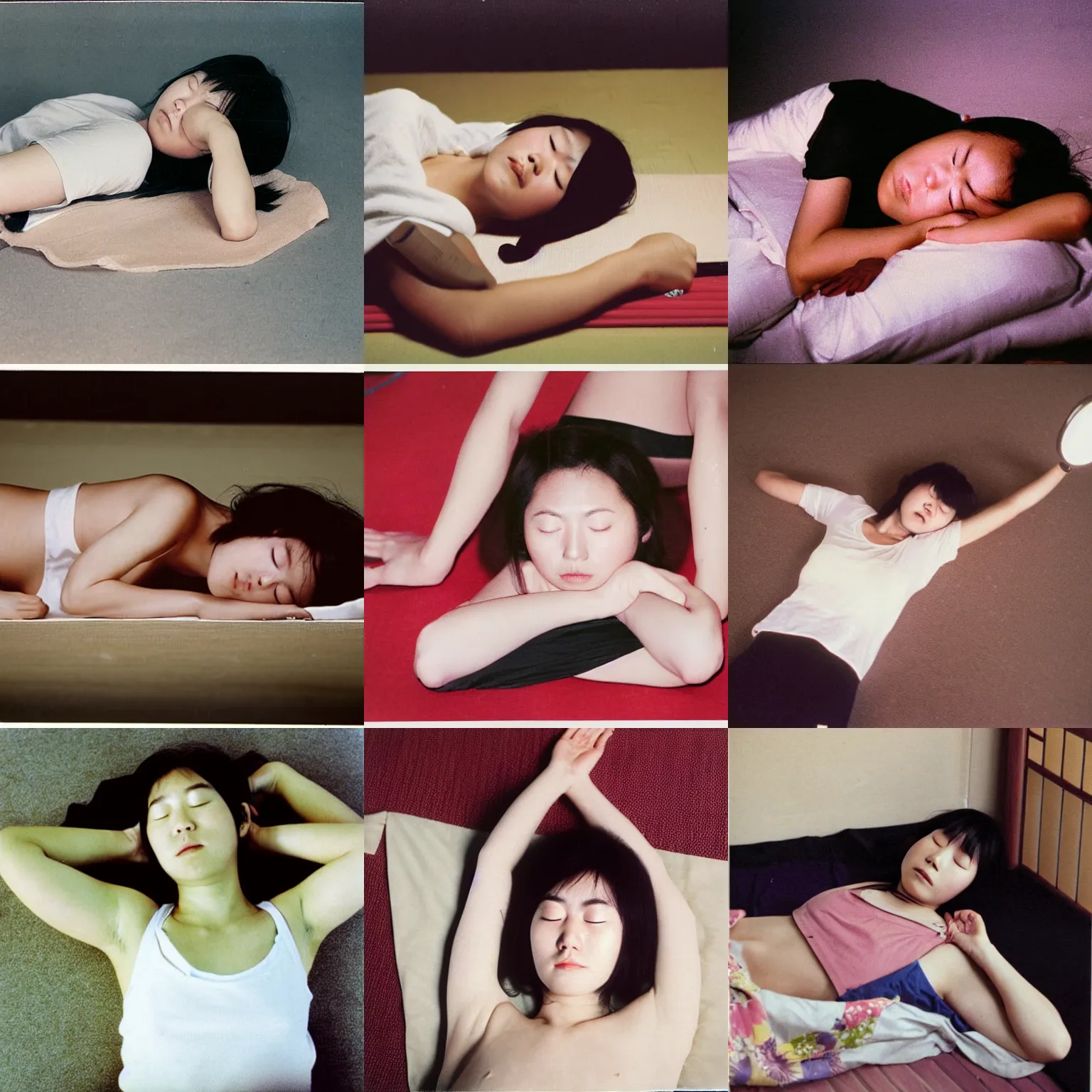 Prompt: A long-shot, color photograph portrait of a sleeping young Japanese woman in sleeveless white shirt lying on her back on the tatami, tights, foots, night, dark flashlight, 1990 photo from Japanese photograph Magazine.