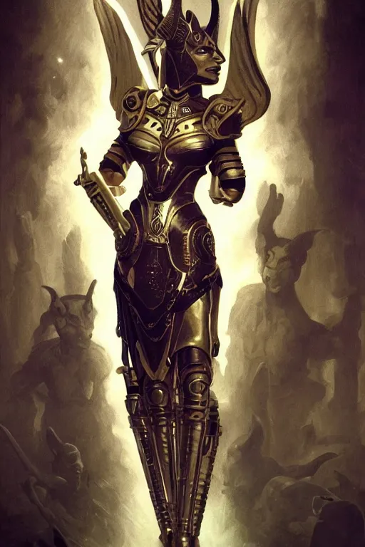 Image similar to Mystical Atlantean Cyborg, Regal, Realistic, Refined, full portrait of a beautiful female Anubis Valkyrie Warrior, Detailed Digital Art, Oil Painting, William-Adolphe Bouguereau, Steampunk, Walt Disney (1937), dynamic lighting, very beautiful, character illustration by Art Frahm, François Boucher, Highly Detailed, Cinematic Lighting, Unreal Engine, 8k, HD