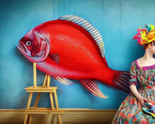 Image similar to an innocent and beautiful scene in hyper realistic style, about an old and lonely woman painting a huge colorful fish on the wall, and modeling a victorian dress. a huge and colorful fish sits on her head. 4 k. wide angle. wild. red mouth, blue eyes. deep focus, lovely scene. ambient occlusion render. unreal engine.