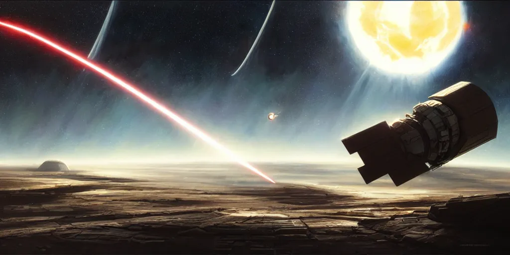 Image similar to hyper realistic sci - fi matte concept art painting of a space satellite shooting a laser down at earth, beautiful details, strong composition painted by kim jung guweta studio rutkowski, james gurney and greg rutkowski, and lucasfilm, smooth, intricate, detailed, sharp focus, cinematic