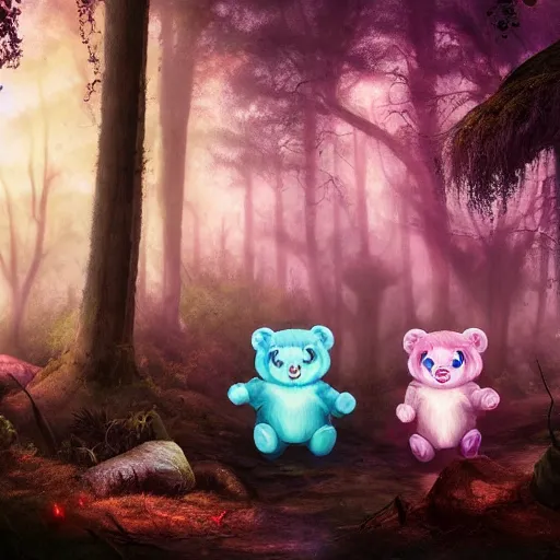 Prompt: demonic care bears in magical forest, dark atmosphere, high detail, soft lighting, 8 k