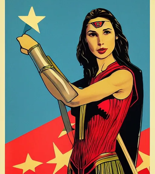 Image similar to Gal gadot posting for a Soviet Line of clothing in a Soviet propaganda realistic poster