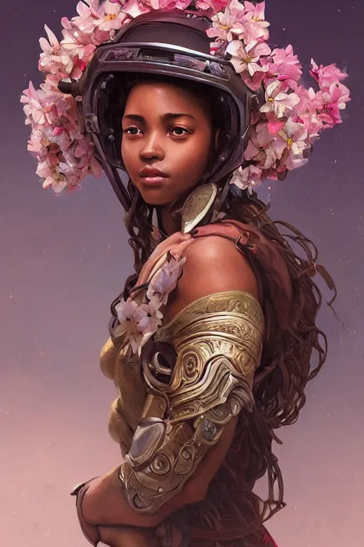 Image similar to ultra realistic illustration, swahili girl with flowers blossoming from helmet, elegant, highly detailed, digital painting, concept art, smooth, sharp focus, illustration, art by artgerm and greg rutkowski and alphonse mucha