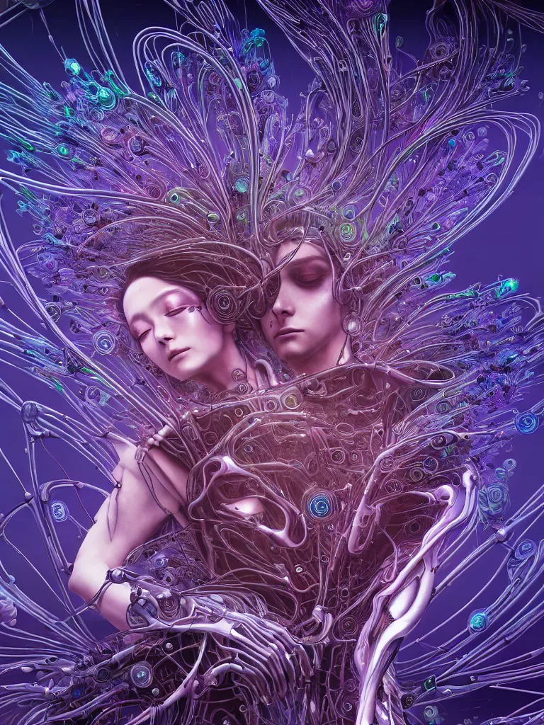 Prompt: futuristic ai cult, ethereal biomech race, deep quantum design, wings, flowers, wires and veins, ferrofluid, bismuth, city, deeply alluring yet revolting, style blend of hideo kojima, shojo manga, mobius and botticelli, 4 k photorealistic, ultra fine inklines