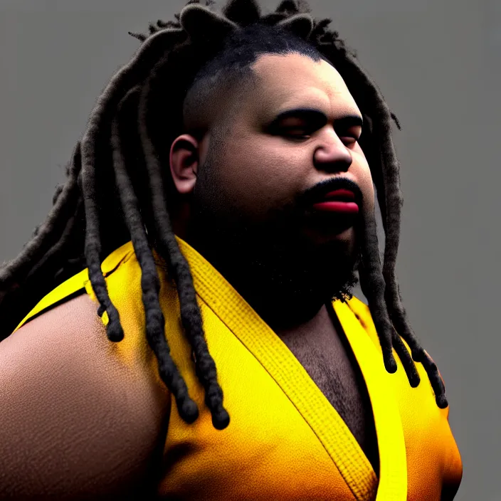 Image similar to hyperrealistic mixed media portrait of an overweight black man with dreads wearing a gi, doing martial arts, 8 k octane beautifully detailed render, post - processing, extremely hyperdetailed, trending on artstation