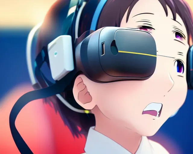 Image similar to anime fine details portrait of joyful girl in vr headset in school, bokeh. anime masterpiece by Studio Ghibli. 8k render, sharp high quality anime illustration in style of Ghibli, artstation