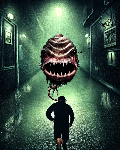 Image similar to realistic, angler fish, human legs, on land, chasing a man, nightmare, dark alley, scary, run for your life, highly detailed, photograph, rainy, dreamy, high definition