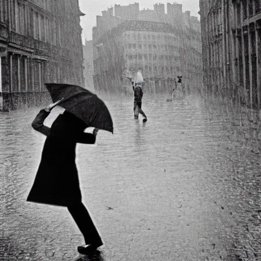 Image similar to the man leaping with an umbrella in a raining paris street, by henri cartier bresson,