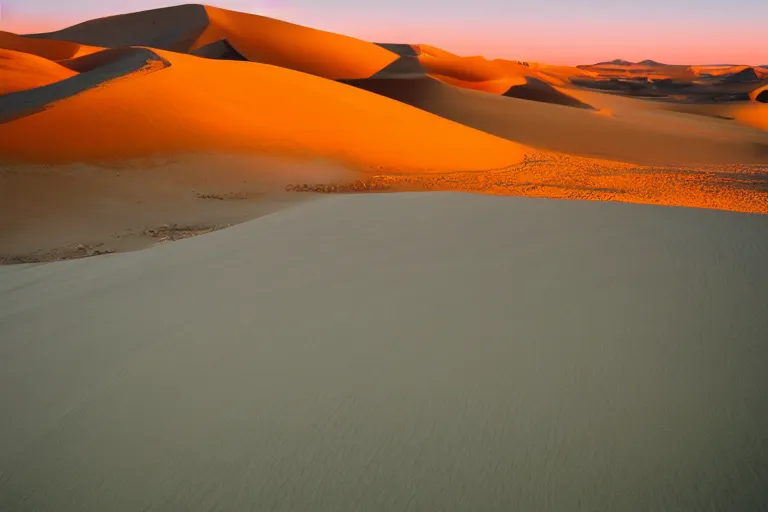 Prompt: landscape photography, saharan dunes and ocean, cold lighting, morning hour, mountains, clouds, beautiful, kodachrome, 4 k, hd